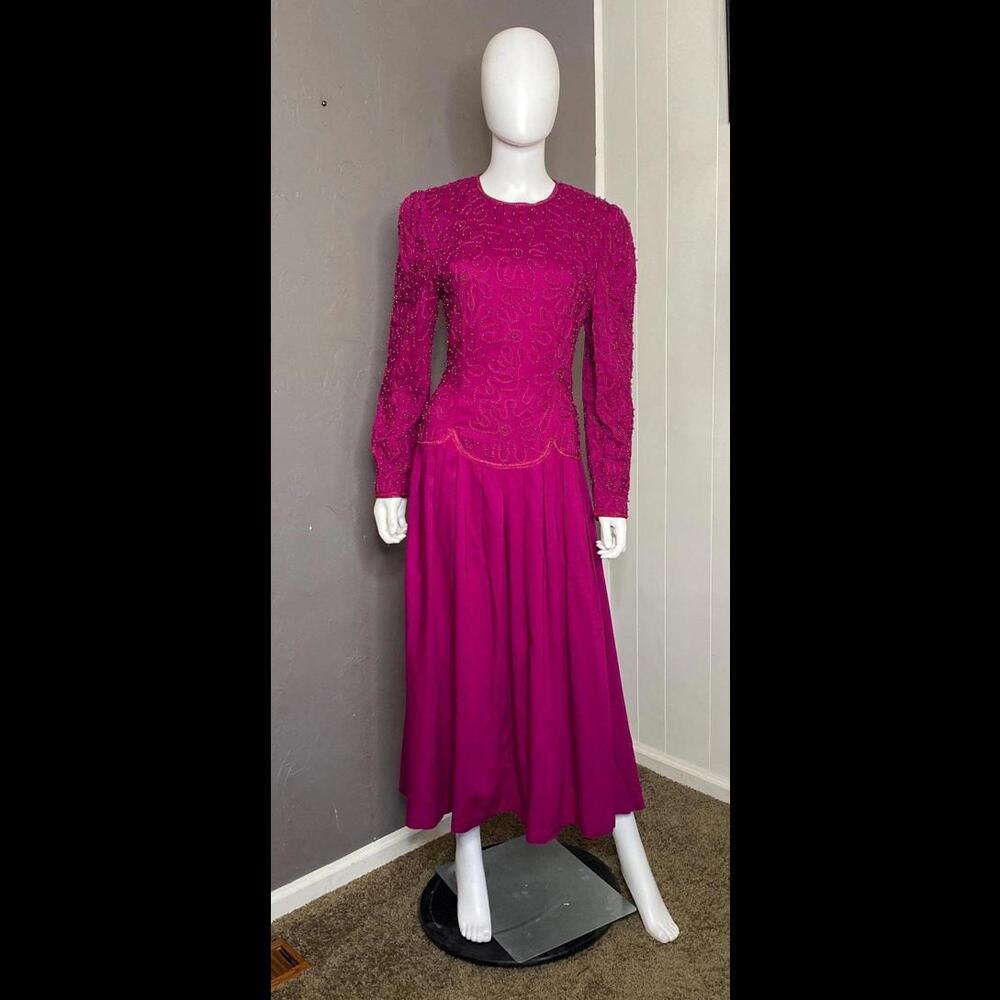 1980's Magenta Beaded Peasant Dress from Sarah Elizabeth size 12